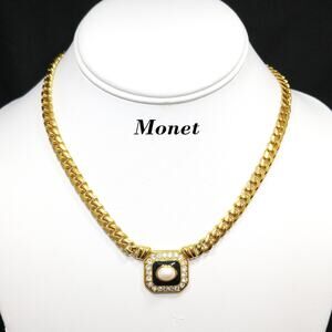 Vintage Monet Gold Pendant Necklace Faux Pearl Black Enamel Rhinestones 1980s